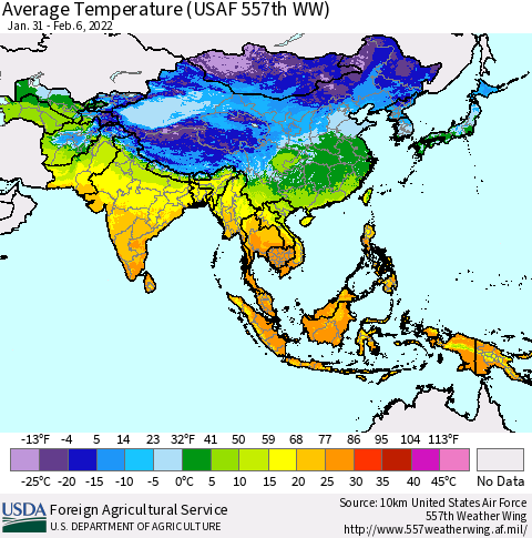 Asia Average Temperature (USAF 557th WW) Thematic Map For 1/31/2022 - 2/6/2022