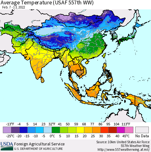 Asia Average Temperature (USAF 557th WW) Thematic Map For 2/7/2022 - 2/13/2022