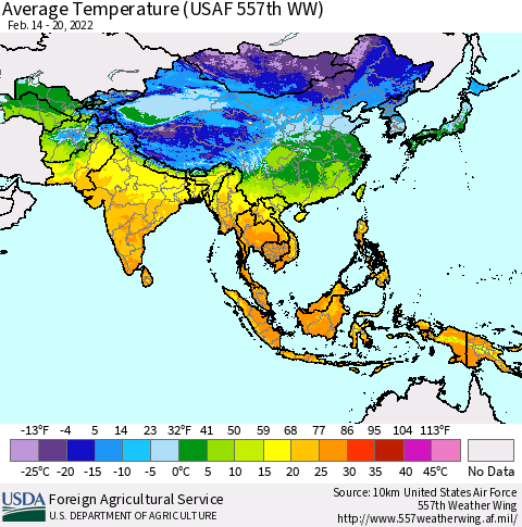 Asia Average Temperature (USAF 557th WW) Thematic Map For 2/14/2022 - 2/20/2022