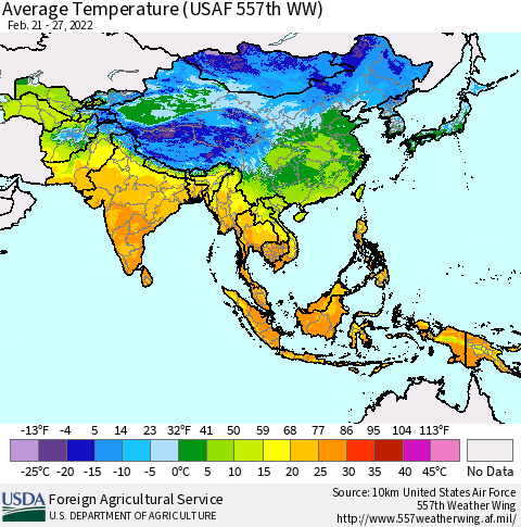 Asia Average Temperature (USAF 557th WW) Thematic Map For 2/21/2022 - 2/27/2022