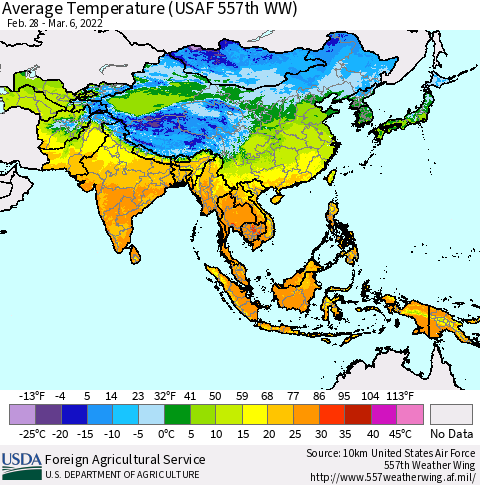 Asia Average Temperature (USAF 557th WW) Thematic Map For 2/28/2022 - 3/6/2022