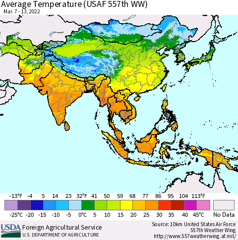 Asia Average Temperature (USAF 557th WW) Thematic Map For 3/7/2022 - 3/13/2022