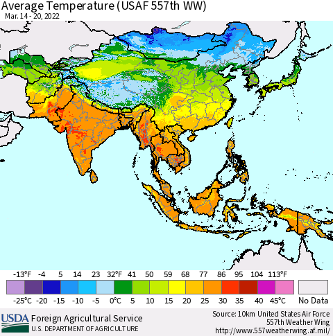 Asia Average Temperature (USAF 557th WW) Thematic Map For 3/14/2022 - 3/20/2022