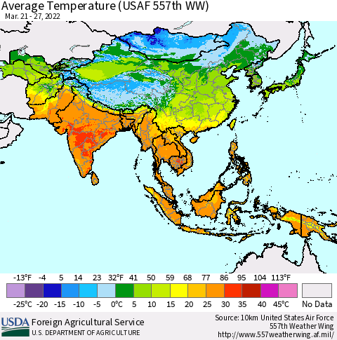 Asia Average Temperature (USAF 557th WW) Thematic Map For 3/21/2022 - 3/27/2022