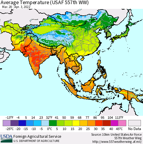 Asia Average Temperature (USAF 557th WW) Thematic Map For 3/28/2022 - 4/3/2022