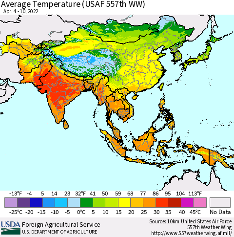 Asia Average Temperature (USAF 557th WW) Thematic Map For 4/4/2022 - 4/10/2022