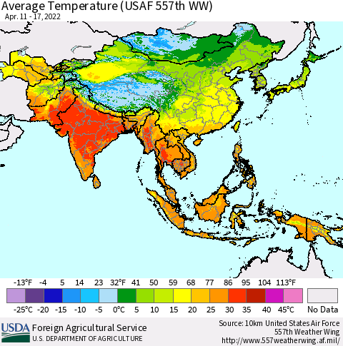 Asia Average Temperature (USAF 557th WW) Thematic Map For 4/11/2022 - 4/17/2022