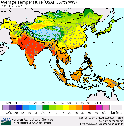 Asia Average Temperature (USAF 557th WW) Thematic Map For 4/18/2022 - 4/24/2022