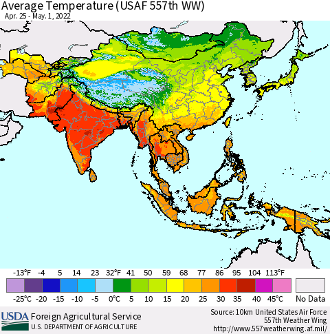 Asia Average Temperature (USAF 557th WW) Thematic Map For 4/25/2022 - 5/1/2022