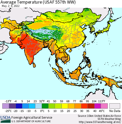 Asia Average Temperature (USAF 557th WW) Thematic Map For 5/2/2022 - 5/8/2022