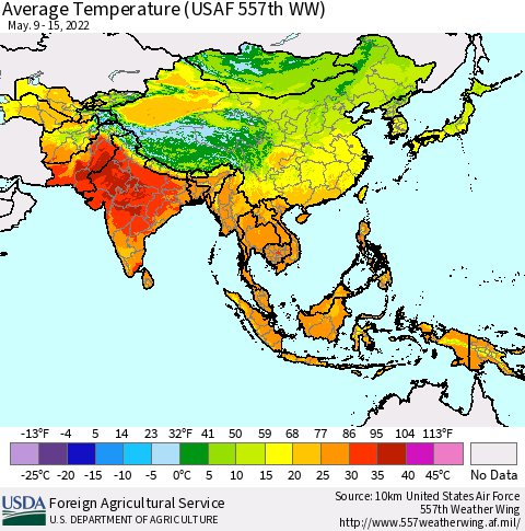 Asia Average Temperature (USAF 557th WW) Thematic Map For 5/9/2022 - 5/15/2022