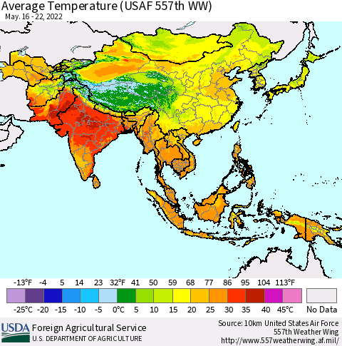 Asia Average Temperature (USAF 557th WW) Thematic Map For 5/16/2022 - 5/22/2022