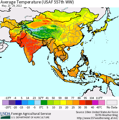 Asia Average Temperature (USAF 557th WW) Thematic Map For 5/23/2022 - 5/29/2022