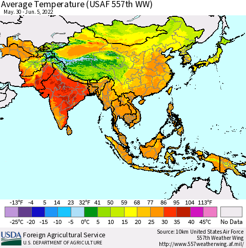 Asia Average Temperature (USAF 557th WW) Thematic Map For 5/30/2022 - 6/5/2022