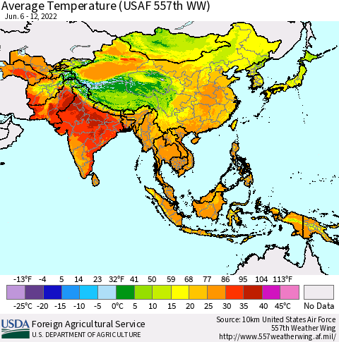 Asia Average Temperature (USAF 557th WW) Thematic Map For 6/6/2022 - 6/12/2022