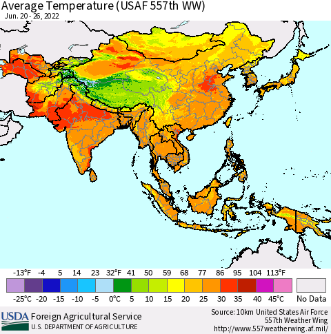 Asia Average Temperature (USAF 557th WW) Thematic Map For 6/20/2022 - 6/26/2022