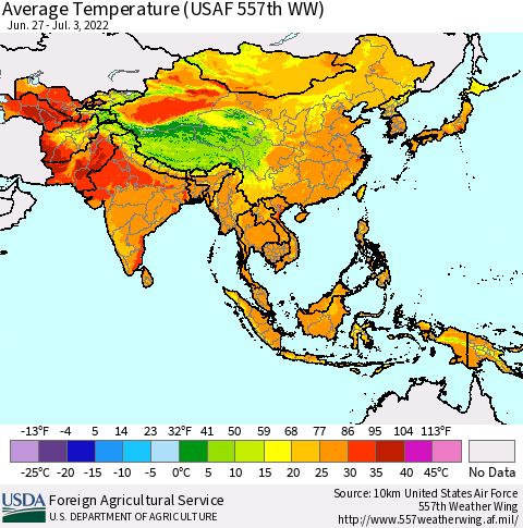 Asia Average Temperature (USAF 557th WW) Thematic Map For 6/27/2022 - 7/3/2022