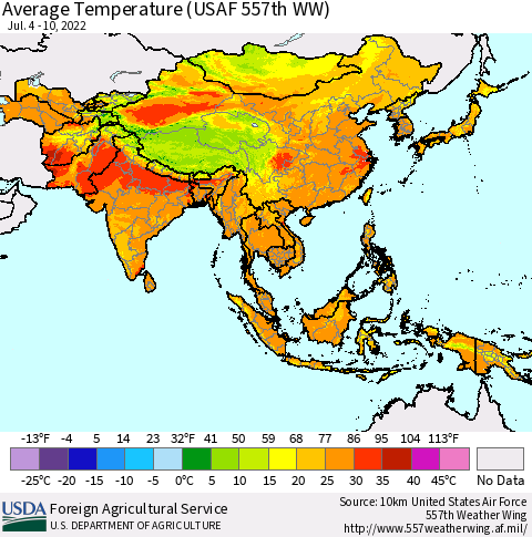 Asia Average Temperature (USAF 557th WW) Thematic Map For 7/4/2022 - 7/10/2022