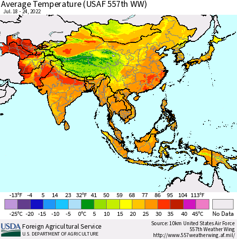 Asia Average Temperature (USAF 557th WW) Thematic Map For 7/18/2022 - 7/24/2022