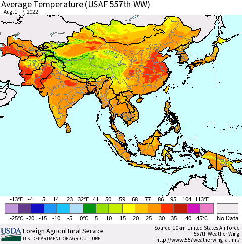 Asia Average Temperature (USAF 557th WW) Thematic Map For 8/1/2022 - 8/7/2022