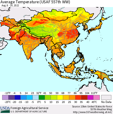 Asia Average Temperature (USAF 557th WW) Thematic Map For 8/8/2022 - 8/14/2022