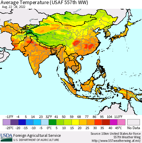 Asia Average Temperature (USAF 557th WW) Thematic Map For 8/22/2022 - 8/28/2022