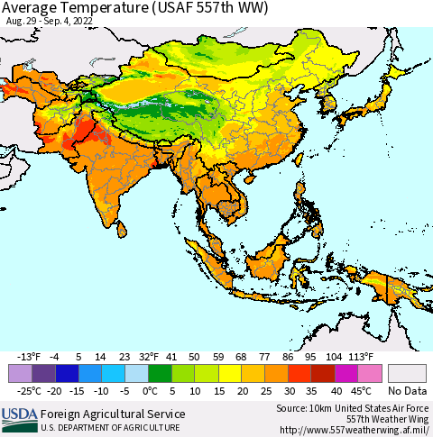 Asia Average Temperature (USAF 557th WW) Thematic Map For 8/29/2022 - 9/4/2022