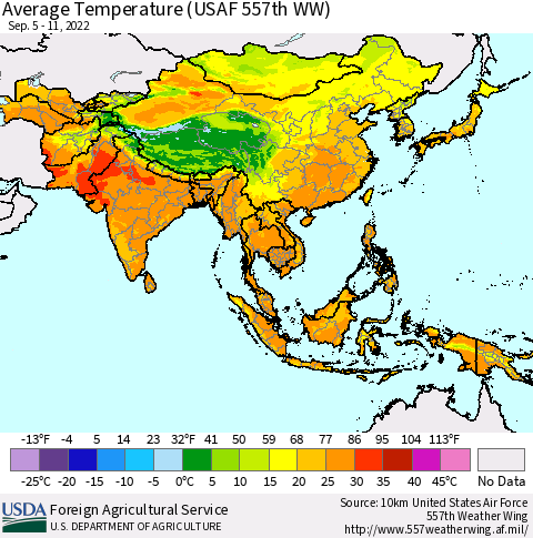 Asia Average Temperature (USAF 557th WW) Thematic Map For 9/5/2022 - 9/11/2022