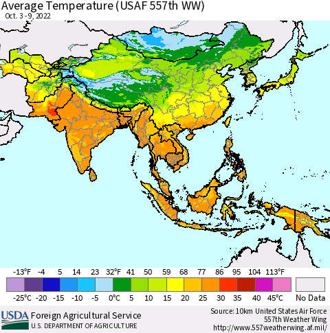 Asia Average Temperature (USAF 557th WW) Thematic Map For 10/3/2022 - 10/9/2022