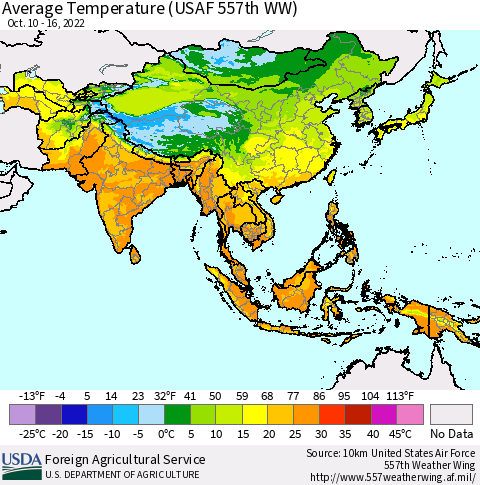Asia Average Temperature (USAF 557th WW) Thematic Map For 10/10/2022 - 10/16/2022