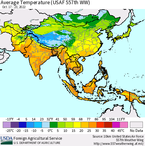Asia Average Temperature (USAF 557th WW) Thematic Map For 10/17/2022 - 10/23/2022