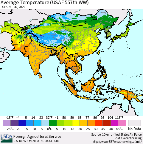 Asia Average Temperature (USAF 557th WW) Thematic Map For 10/24/2022 - 10/30/2022