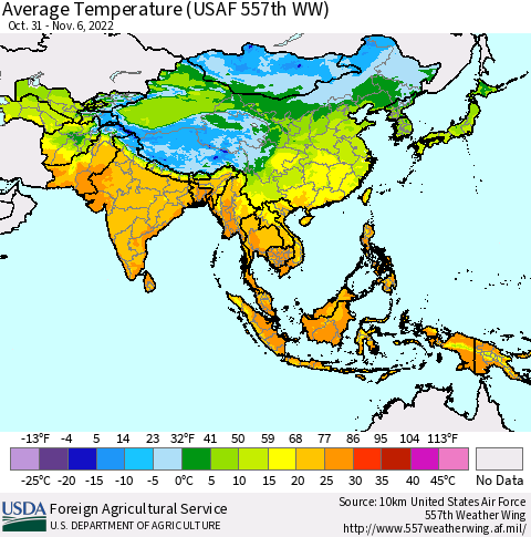 Asia Average Temperature (USAF 557th WW) Thematic Map For 10/31/2022 - 11/6/2022