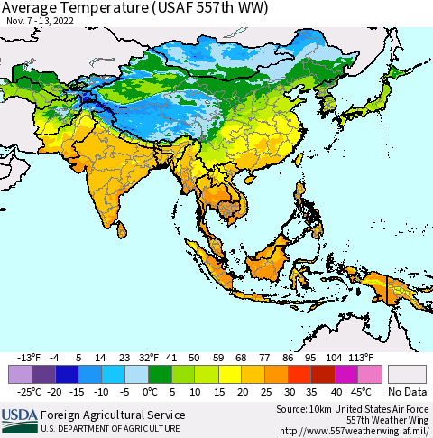 Asia Average Temperature (USAF 557th WW) Thematic Map For 11/7/2022 - 11/13/2022