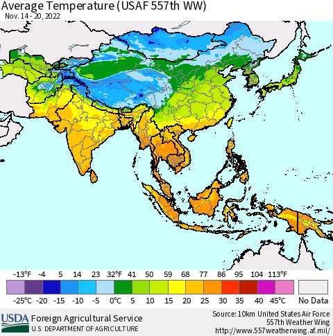 Asia Average Temperature (USAF 557th WW) Thematic Map For 11/14/2022 - 11/20/2022