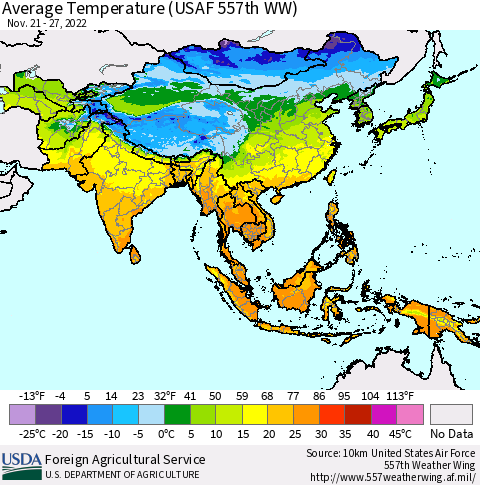Asia Average Temperature (USAF 557th WW) Thematic Map For 11/21/2022 - 11/27/2022
