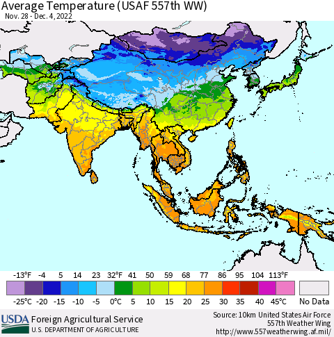Asia Average Temperature (USAF 557th WW) Thematic Map For 11/28/2022 - 12/4/2022