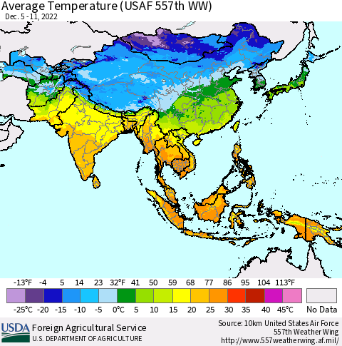 Asia Average Temperature (USAF 557th WW) Thematic Map For 12/5/2022 - 12/11/2022