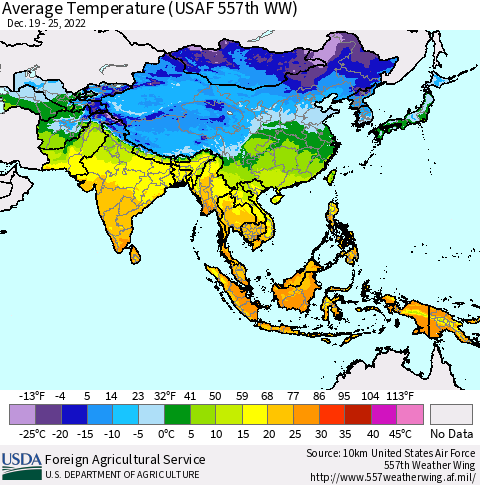 Asia Average Temperature (USAF 557th WW) Thematic Map For 12/19/2022 - 12/25/2022