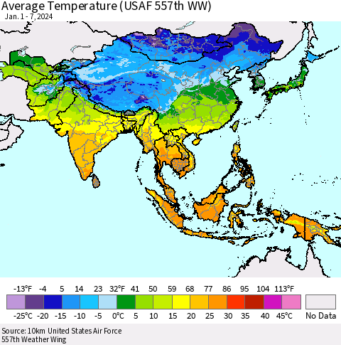 Asia Average Temperature (USAF 557th WW) Thematic Map For 1/1/2024 - 1/7/2024
