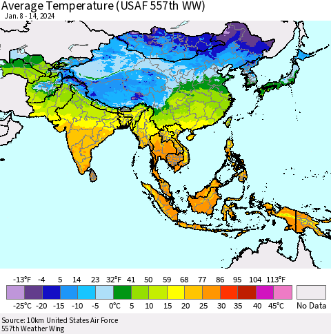 Asia Average Temperature (USAF 557th WW) Thematic Map For 1/8/2024 - 1/14/2024