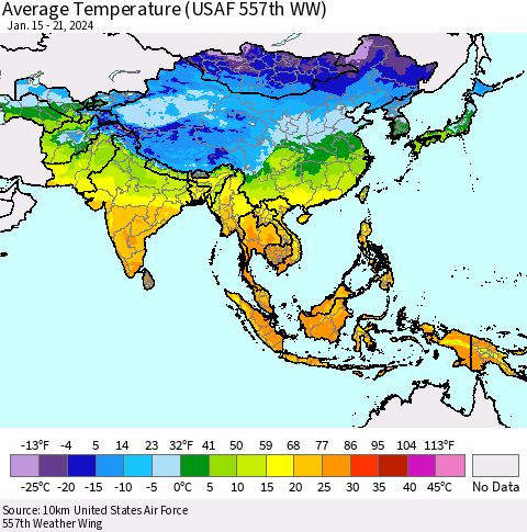 Asia Average Temperature (USAF 557th WW) Thematic Map For 1/15/2024 - 1/21/2024