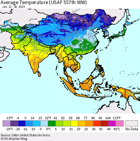 Asia Average Temperature (USAF 557th WW) Thematic Map For 1/22/2024 - 1/28/2024
