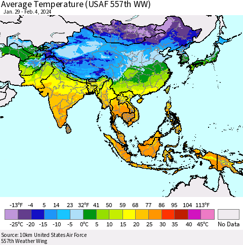 Asia Average Temperature (USAF 557th WW) Thematic Map For 1/29/2024 - 2/4/2024