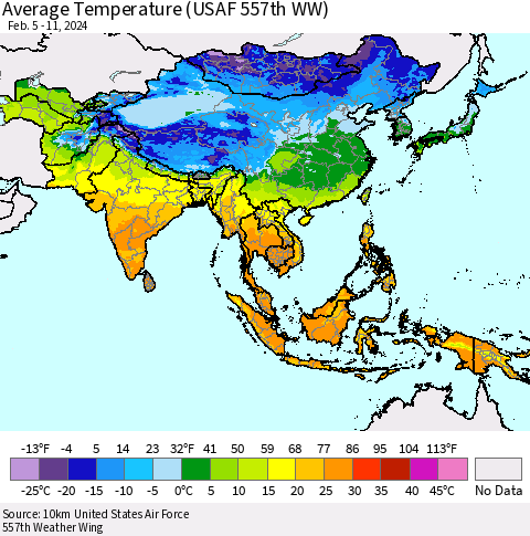 Asia Average Temperature (USAF 557th WW) Thematic Map For 2/5/2024 - 2/11/2024