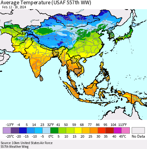 Asia Average Temperature (USAF 557th WW) Thematic Map For 2/12/2024 - 2/18/2024