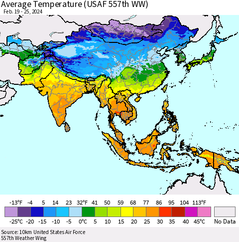 Asia Average Temperature (USAF 557th WW) Thematic Map For 2/19/2024 - 2/25/2024