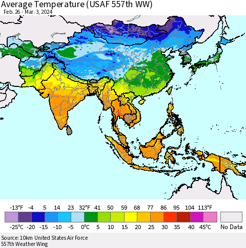Asia Average Temperature (USAF 557th WW) Thematic Map For 2/26/2024 - 3/3/2024