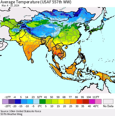 Asia Average Temperature (USAF 557th WW) Thematic Map For 3/4/2024 - 3/10/2024