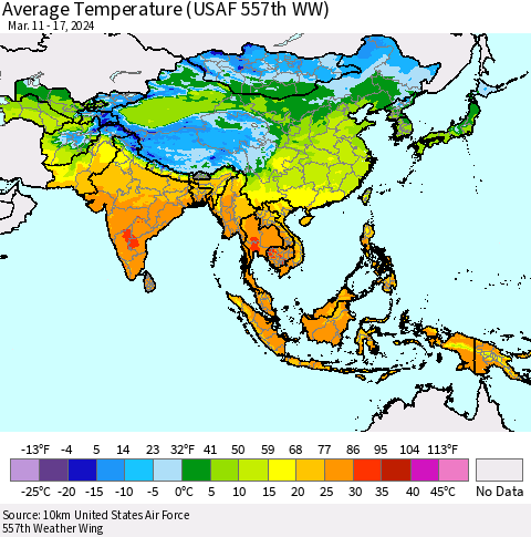 Asia Average Temperature (USAF 557th WW) Thematic Map For 3/11/2024 - 3/17/2024